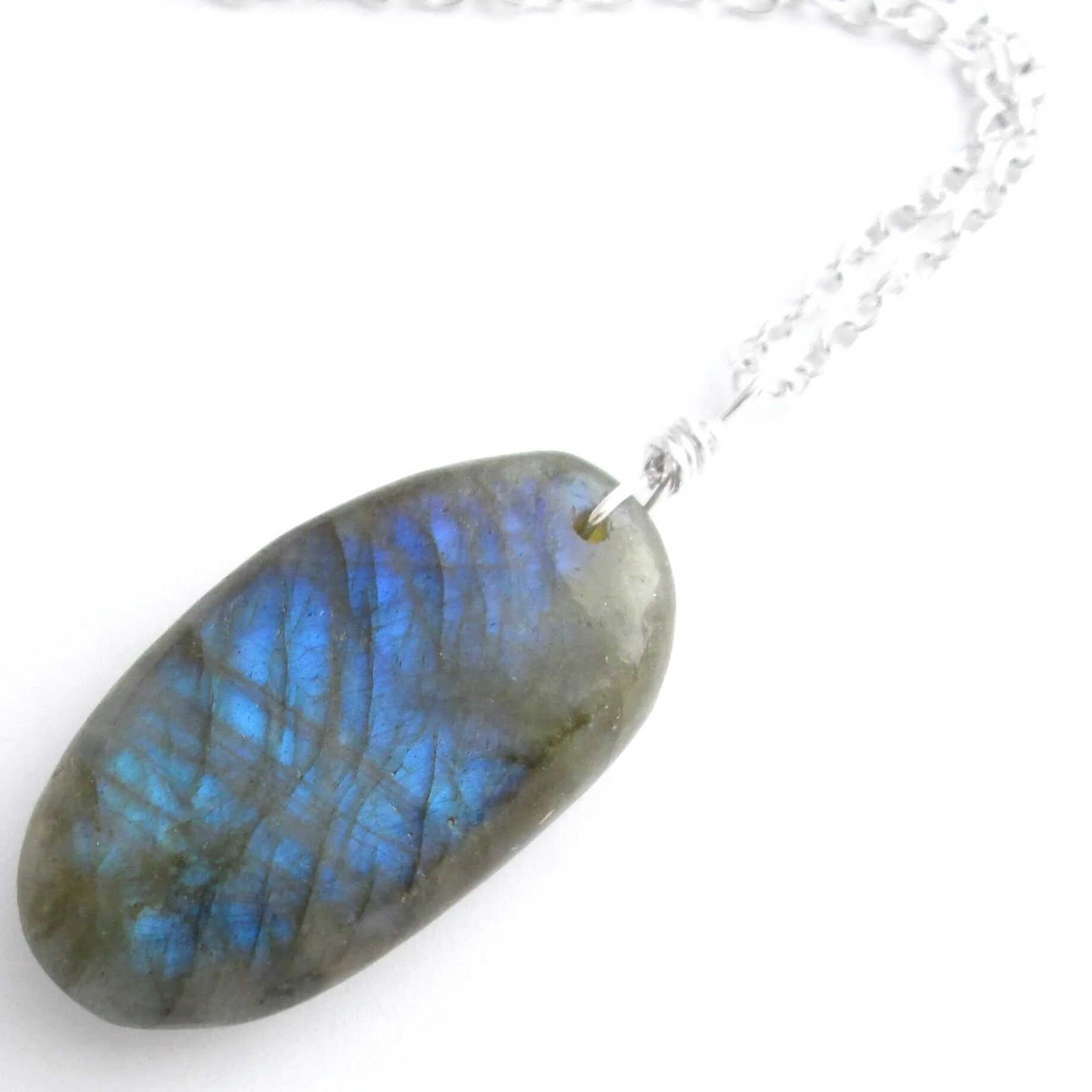 Blue Labradorite Necklace Large Semi Precious Stone Pendant